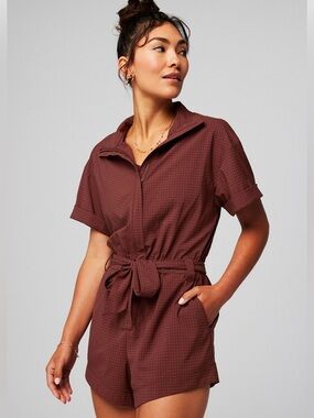 Fabletics Short-Sleeve Tie-Waist Romper in Deep Brown